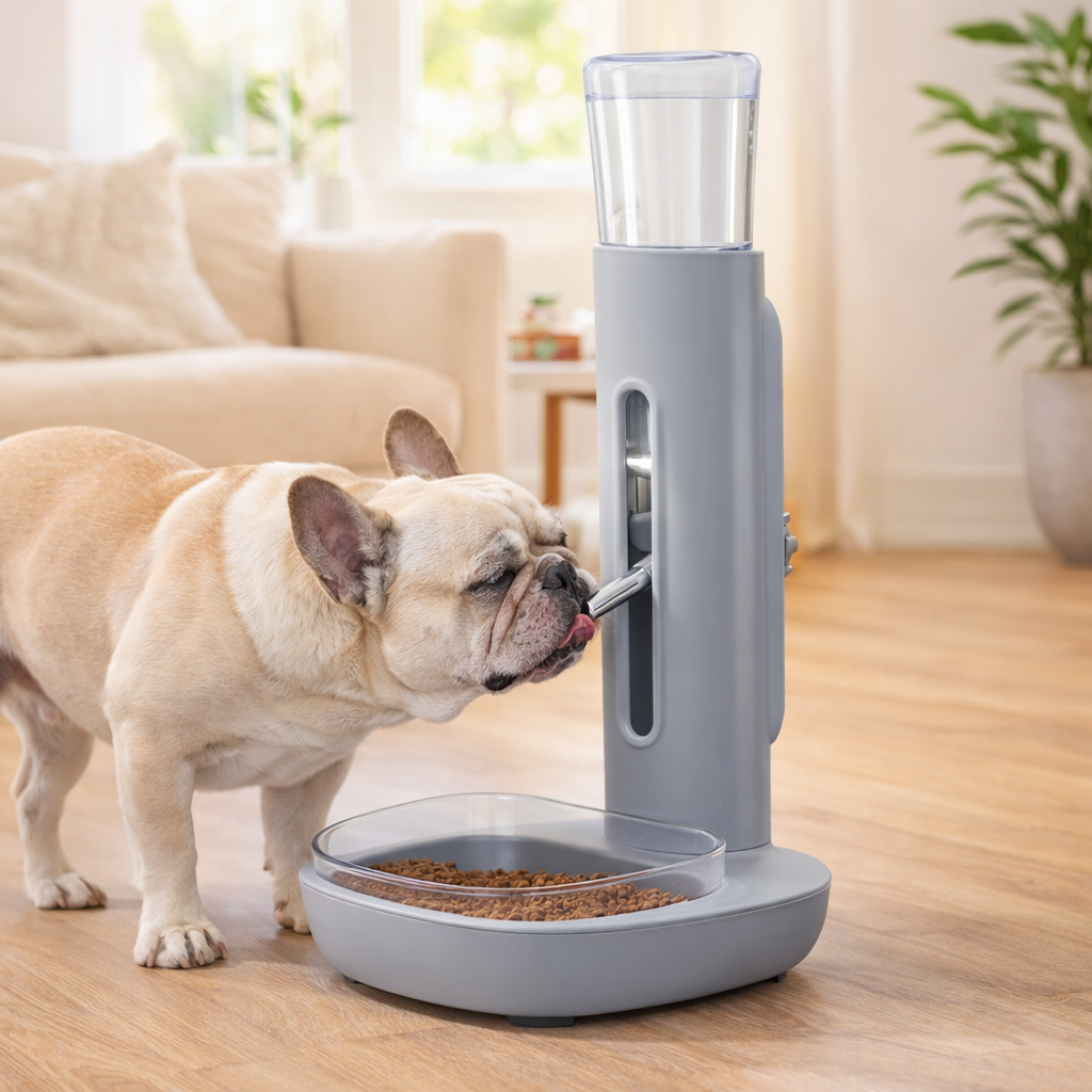 Dog interacting with a pet food dispenser in a home setting