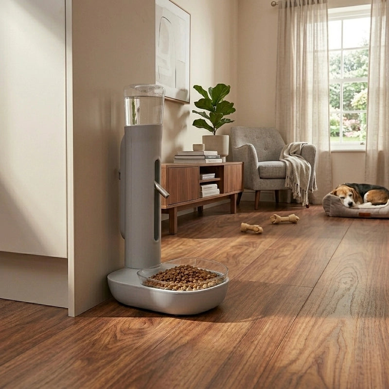 Pet feeding station with food and water bowls in a home setting.