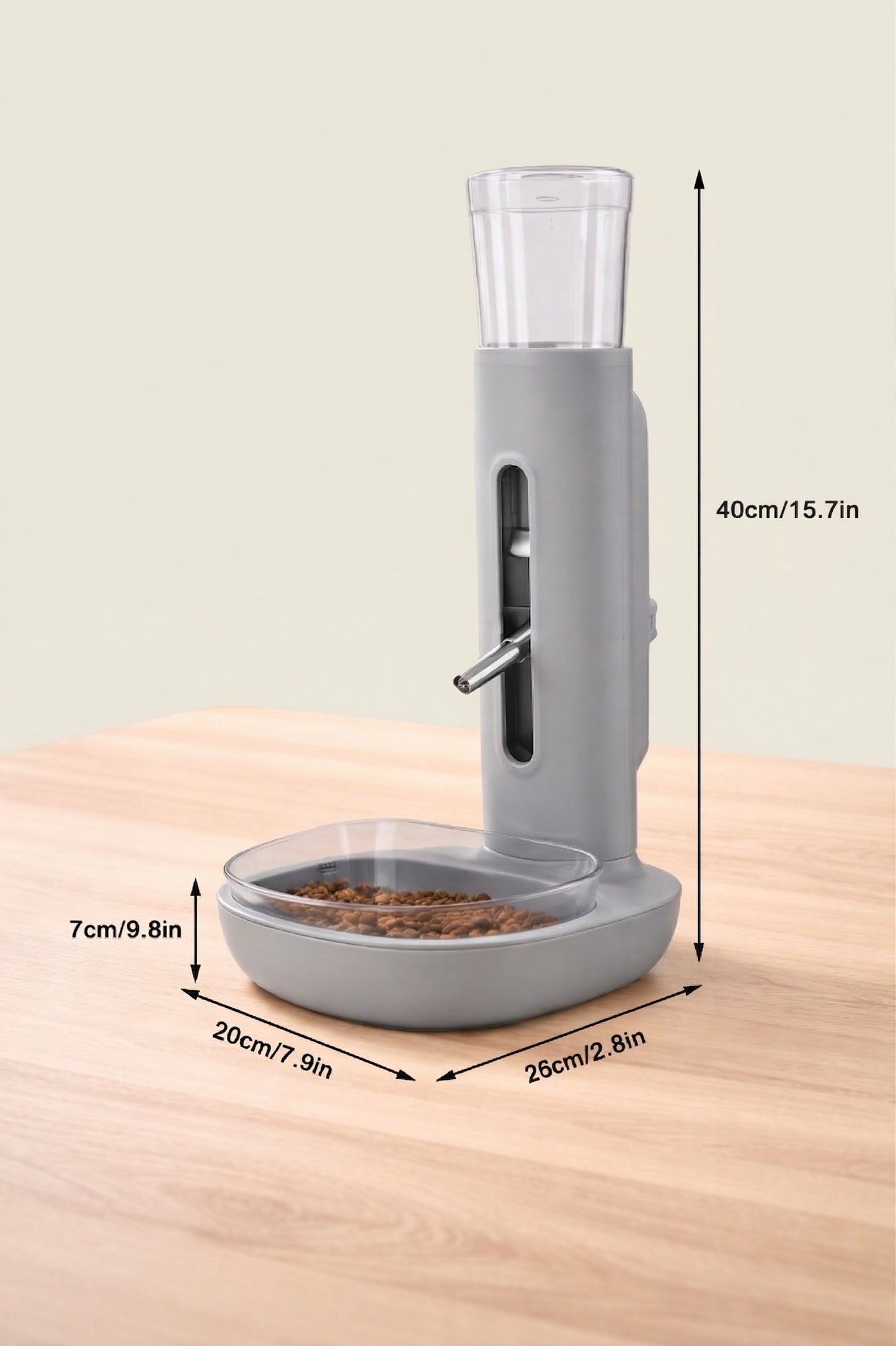 Pet water fountain with dimensions displayed on a wooden surface